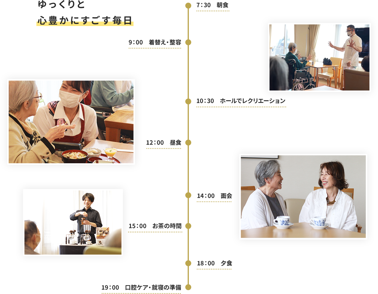 “ゆっくりと 心豊かにすごす毎日”
7:30 朝食
9:00 着替え・整容
10:30 ホールでレクリエーション
12:00 昼食
14:00 面会
15:00 お茶の時間
18:00 夕食
19:00 口腔ケア、就寝の準備